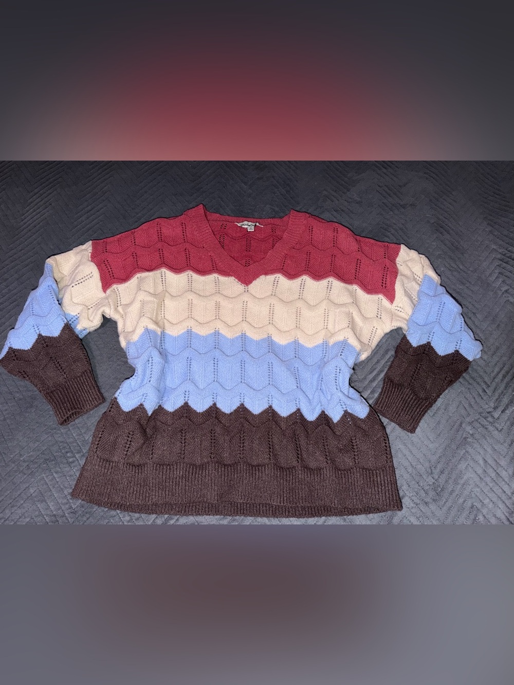 Striped V-Neck Knit Sweater in Berry, Cream, Sky Blue & Chocolate - Women's